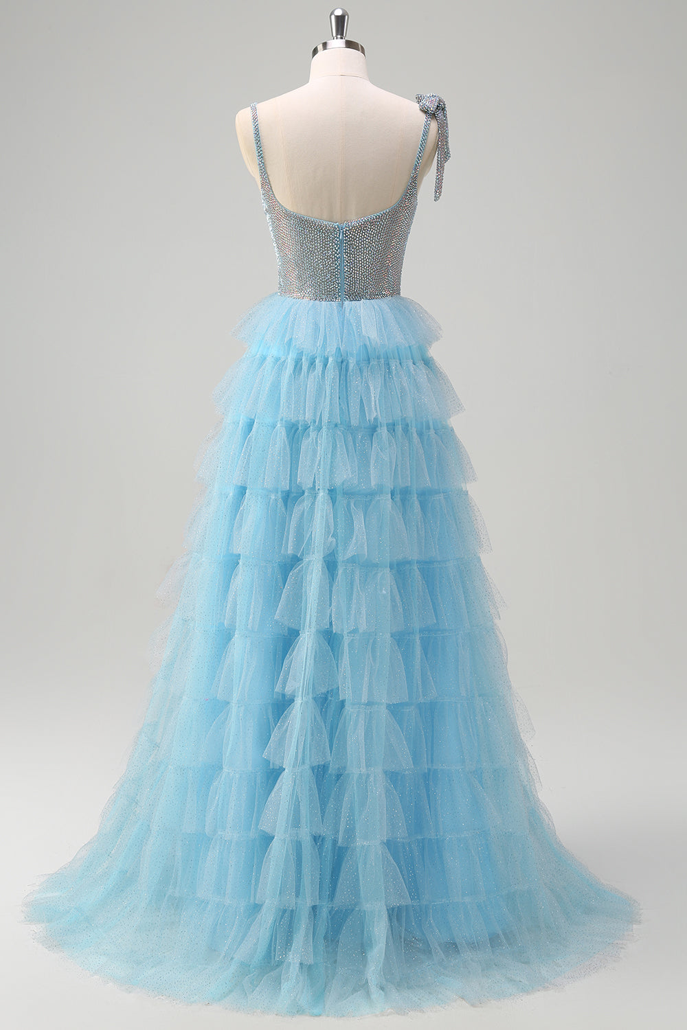 Sparkly Light Blue A-Line Ruffled Beaded Prom Dress with Slit