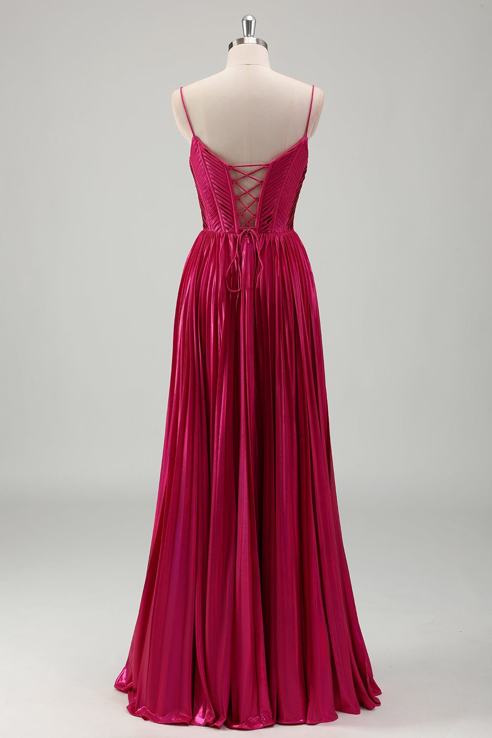 Fuchsia A Line Spaghetti Straps Corset Pleated Prom Dress with Lace Up Back