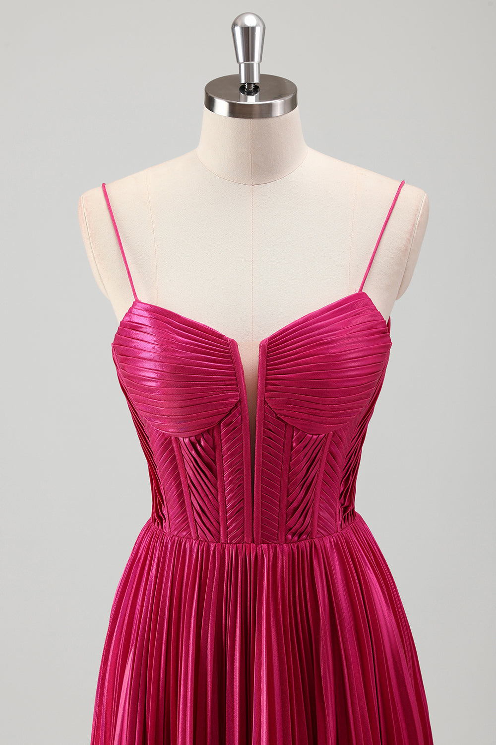 Fuchsia A Line Spaghetti Straps Corset Pleated Prom Dress with Lace Up Back