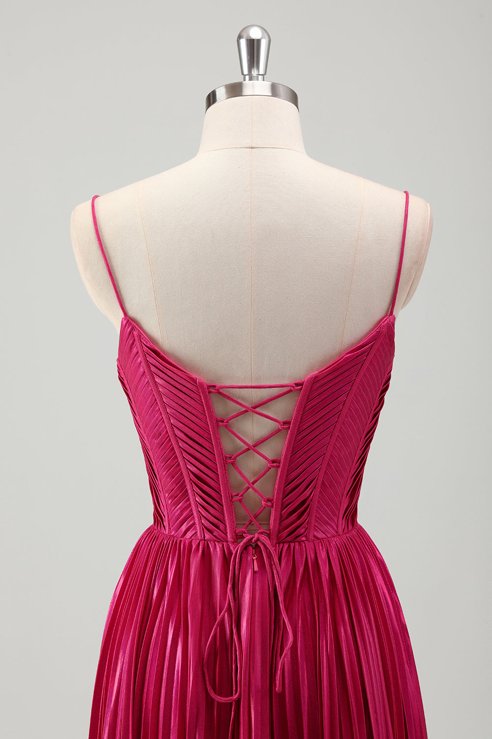 Fuchsia A Line Spaghetti Straps Corset Pleated Prom Dress with Lace Up Back