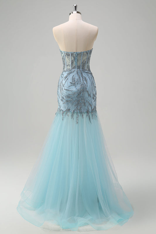 Sparkly Light Blue Mermaid Strapless Corset Long Beaded Prom Dress With Slit