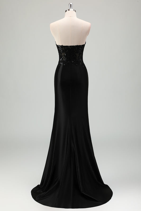 Sparkly Corset Sweetheart Black Long Prom Dress With Slit