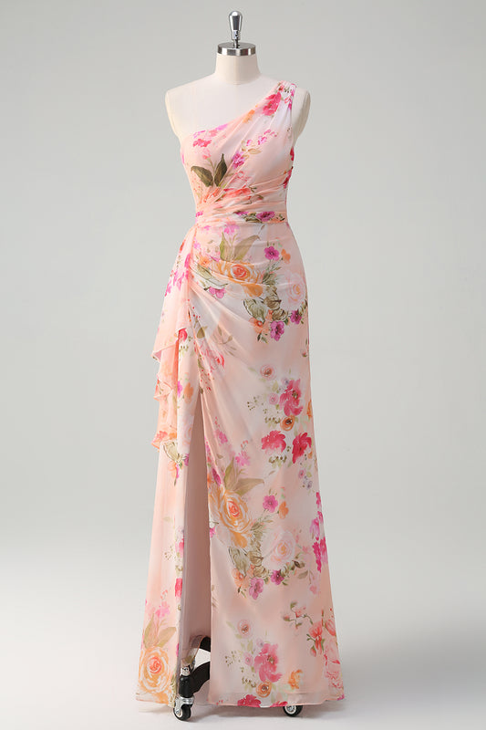 Peach Floral One Shoulder Ruffled Prom Dress with Slit