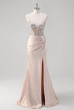 Sparkly Blush Mermaid Spaghetti Straps Corset Long Prom Dress with Slit