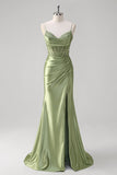 Green Mermaid Applique Spaghetti Straps Corset Long Prom Dress with Slit