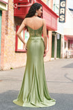 Green Mermaid Applique Spaghetti Straps Corset Long Prom Dress with Slit