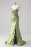 Green Mermaid Applique Spaghetti Straps Corset Long Prom Dress with Slit