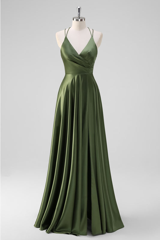 Olive A-Line Spaghetti Straps Long Bridesmaid Dress with Slit