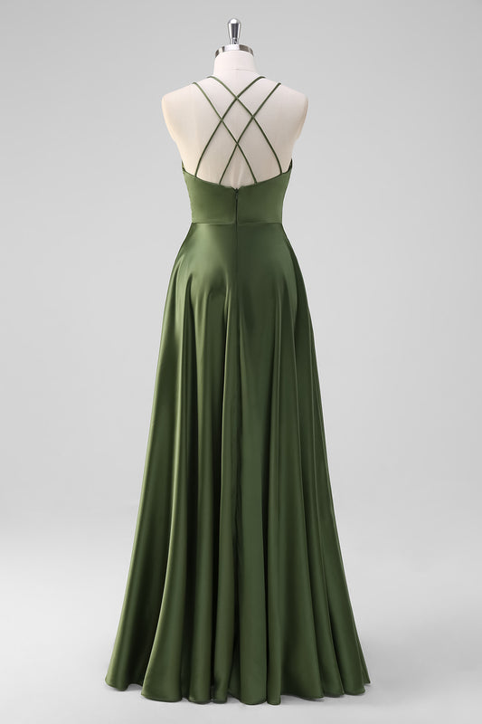 Olive A-Line Spaghetti Straps Long Bridesmaid Dress with Slit