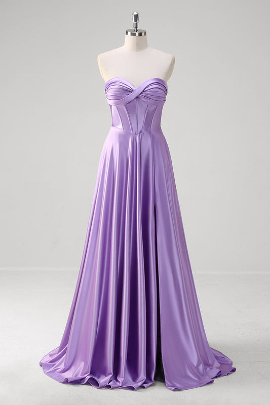 Purple A-Line Sweetheart Corset Long Prom Dress with Slit