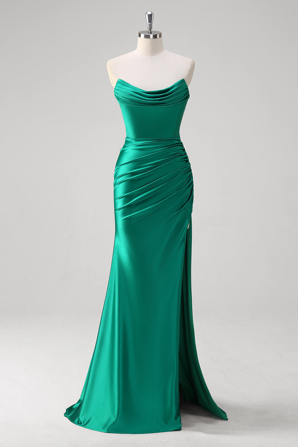 Green Mermaid Ruched Strapless Long Bridesmaid Dress with Slit