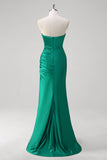 Green Mermaid Ruched Strapless Long Bridesmaid Dress with Slit