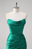 Green Mermaid Ruched Strapless Long Bridesmaid Dress with Slit