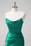 Green Mermaid Ruched Strapless Long Bridesmaid Dress with Slit