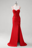 Red Mermaid Applique Spaghetti Straps Long Prom Dress with Slit