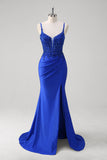 Sparkly Royal Blue Mermaid Applique Spaghetti Straps Long Prom Dress with Slit