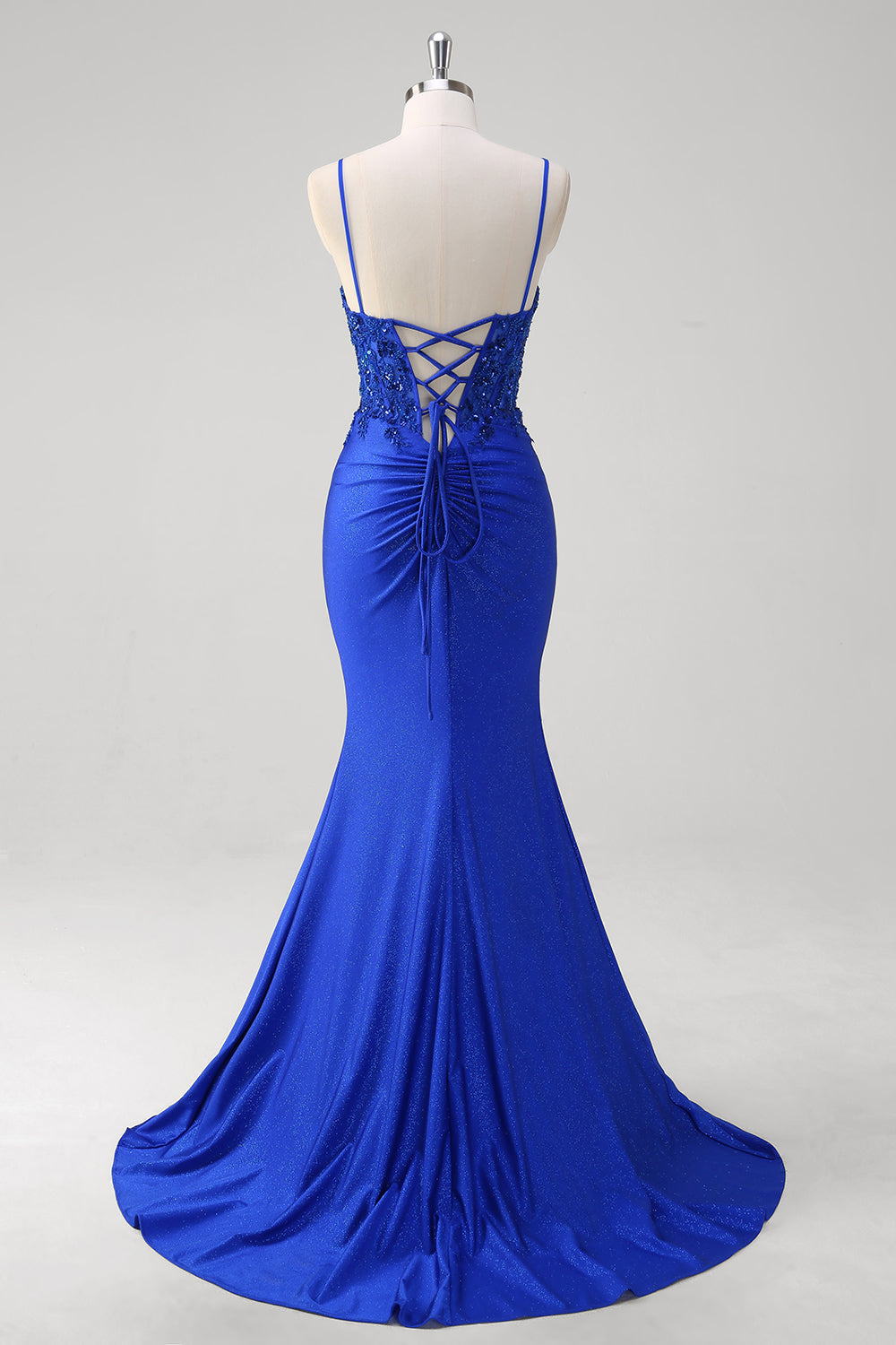 Sparkly Royal Blue Mermaid Applique Spaghetti Straps Long Prom Dress with Slit