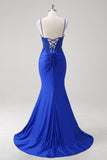 Sparkly Royal Blue Mermaid Applique Spaghetti Straps Long Prom Dress with Slit