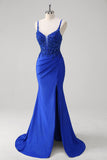 Sparkly Royal Blue Mermaid Applique Spaghetti Straps Long Prom Dress with Slit