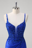 Sparkly Royal Blue Mermaid Applique Spaghetti Straps Long Prom Dress with Slit