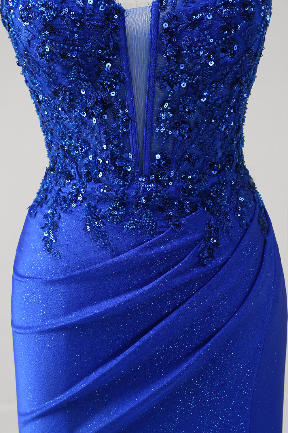 Sparkly Royal Blue Mermaid Applique Spaghetti Straps Long Prom Dress with Slit