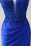 Sparkly Royal Blue Mermaid Applique Spaghetti Straps Long Prom Dress with Slit