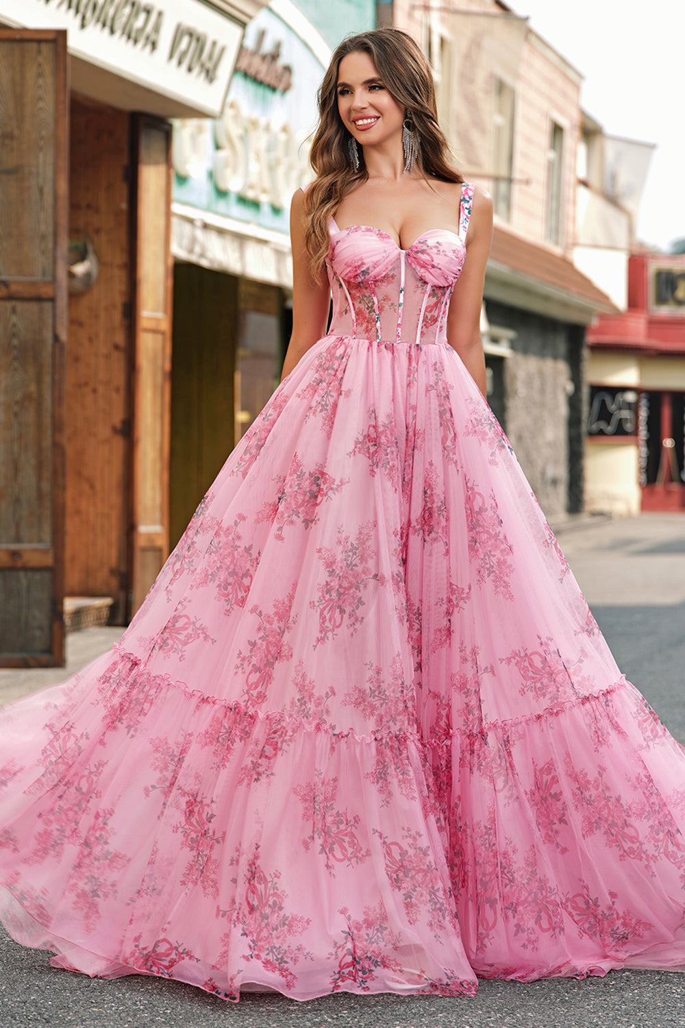 Blush A Line Floral Corset Long Prom Dress