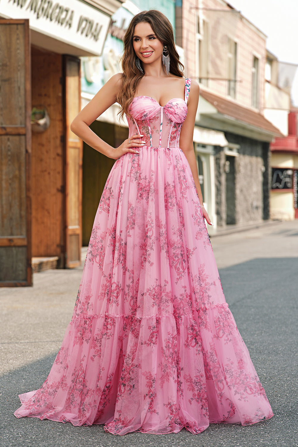 Blush A Line Floral Corset Long Prom Dress