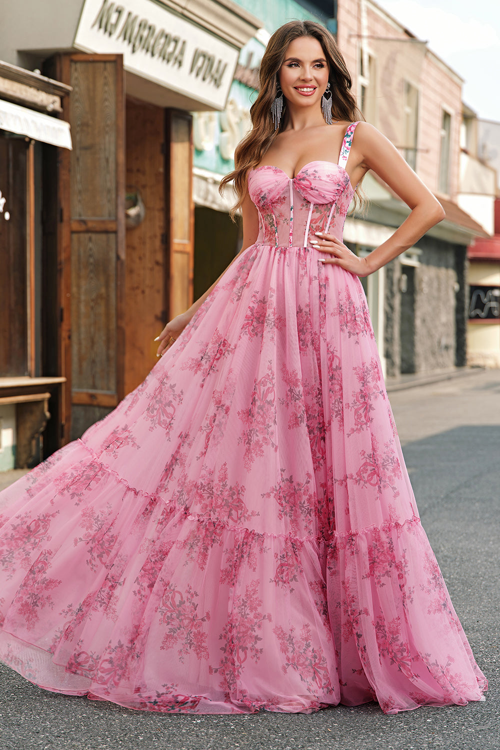 Blush A Line Floral Corset Long Prom Dress