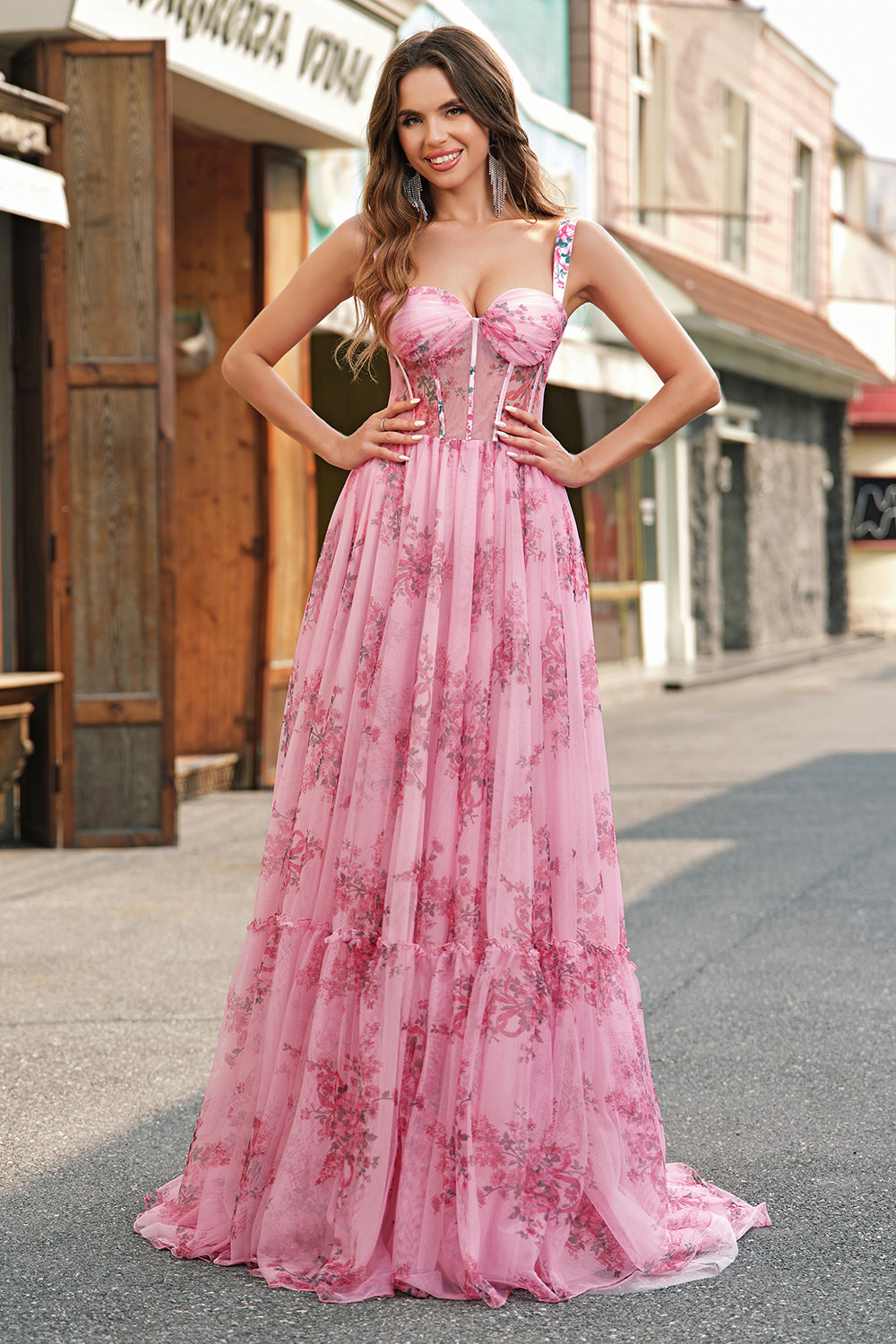 Blush A Line Floral Corset Long Prom Dress