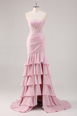 Blush Mermaid Ruffled Prom Dress with Lace