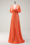 Sunset A-Line Satin V-Neck Long Bridesmaid Dress with Short Sleeves