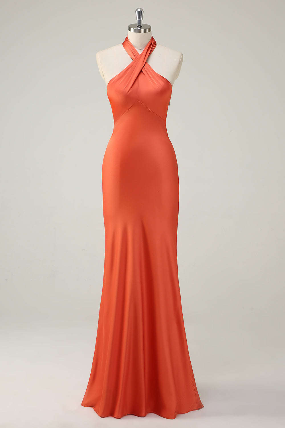 Orange Mermaid Halter Satin Long Bridesmaid Dress