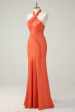 Orange Mermaid Halter Satin Long Bridesmaid Dress