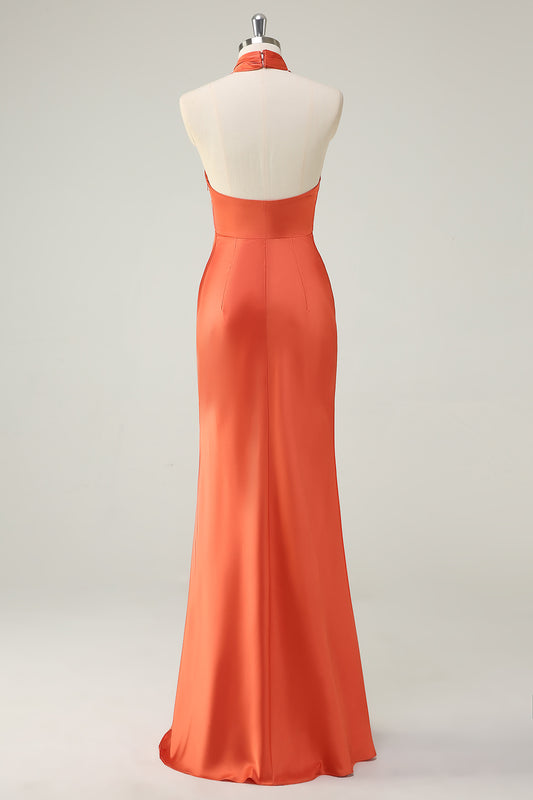 Orange Mermaid Halter Satin Long Bridesmaid Dress