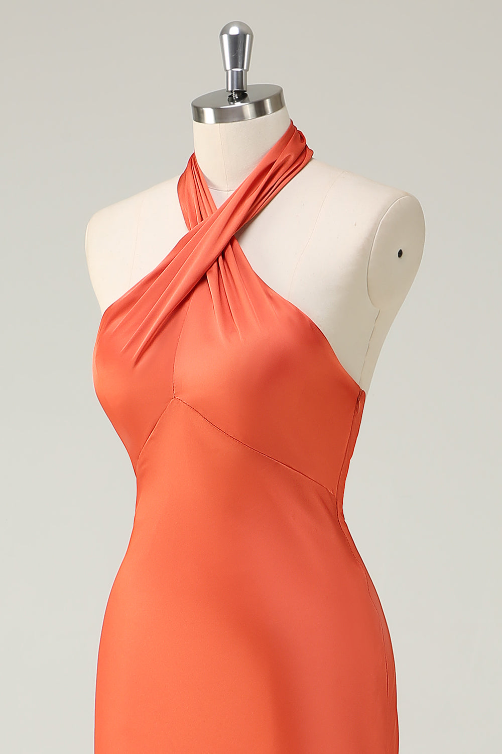 Orange Mermaid Halter Satin Long Bridesmaid Dress