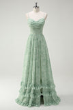 Dusty Sage A Line Ruffled Long Bridesmaid Dress With Slit