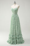 Dusty Sage A Line Ruffled Long Bridesmaid Dress With Slit