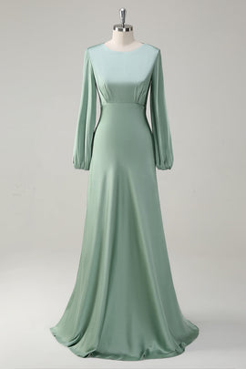 A Line Round Neck Long Sleeves Sage Bridesmaid Dress