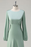 A Line Round Neck Long Sleeves Sage Bridesmaid Dress