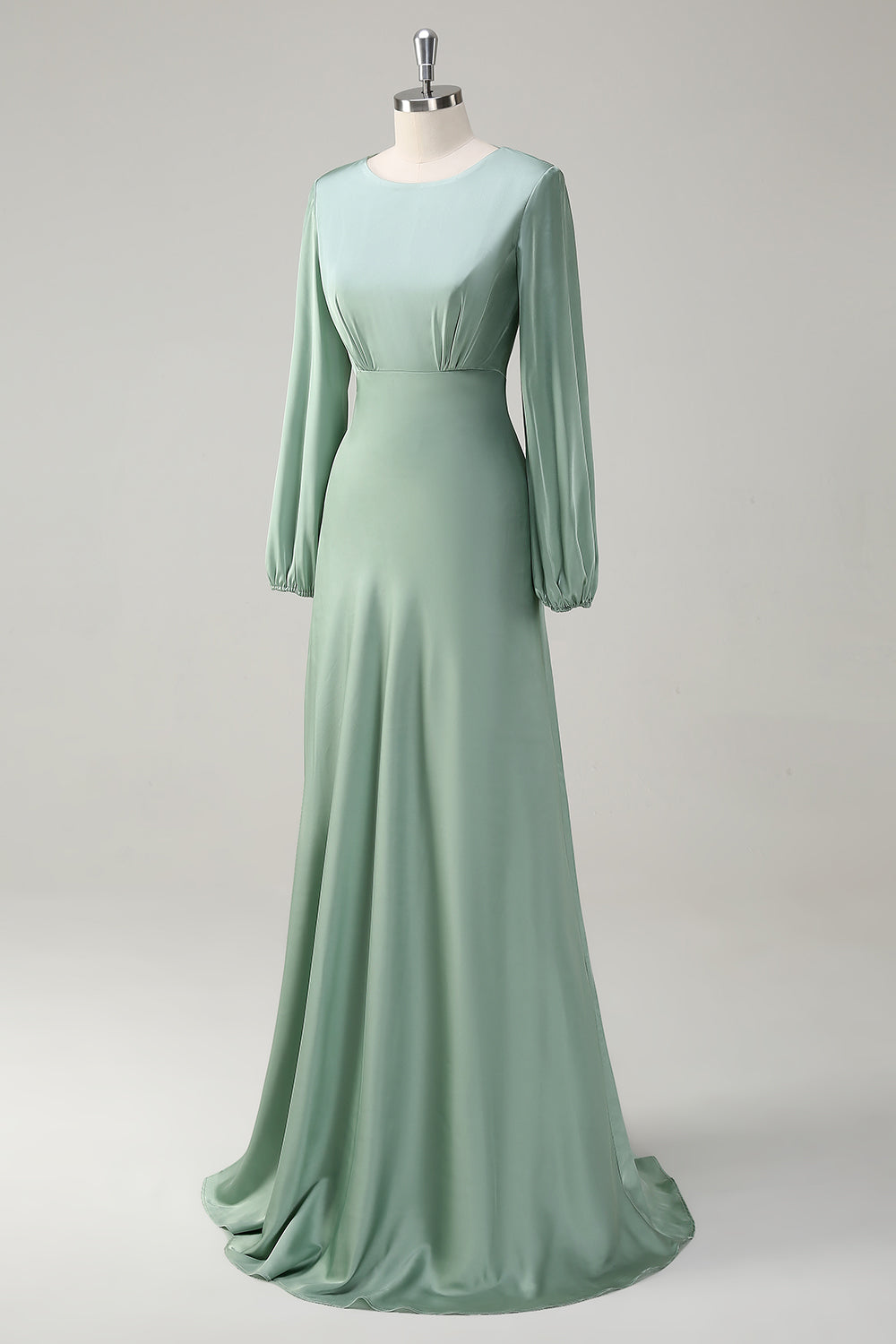 A Line Round Neck Long Sleeves Sage Bridesmaid Dress