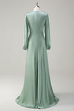 A Line Round Neck Long Sleeves Sage Bridesmaid Dress