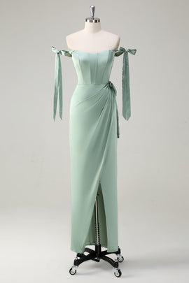 Sparkly Sage Sheath Bow Tie Straps Corset Long Bridesmaid Dress with Slit