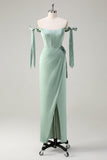 Sparkly Sage Sheath Bow Tie Straps Corset Long Bridesmaid Dress with Slit