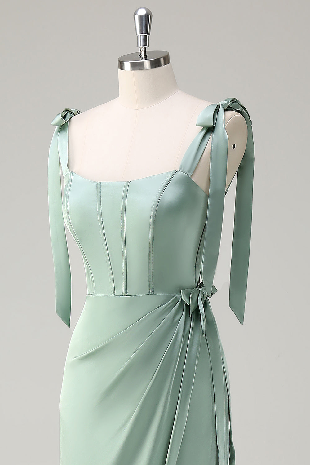 Sparkly Sage Sheath Bow Tie Straps Corset Long Bridesmaid Dress with Slit