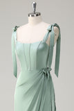 Sparkly Sage Sheath Bow Tie Straps Corset Long Bridesmaid Dress with Slit