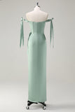 Sparkly Sage Sheath Bow Tie Straps Corset Long Bridesmaid Dress with Slit