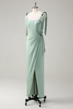 Sparkly Sage Sheath Bow Tie Straps Corset Long Bridesmaid Dress with Slit