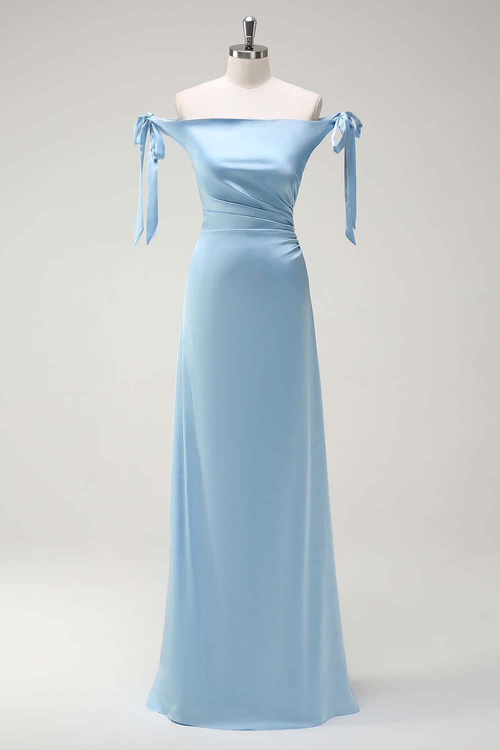 Blue Sheath Off The Shoulder Satin Long Bridesmaid Dress