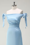 Blue Sheath Off The Shoulder Satin Long Bridesmaid Dress